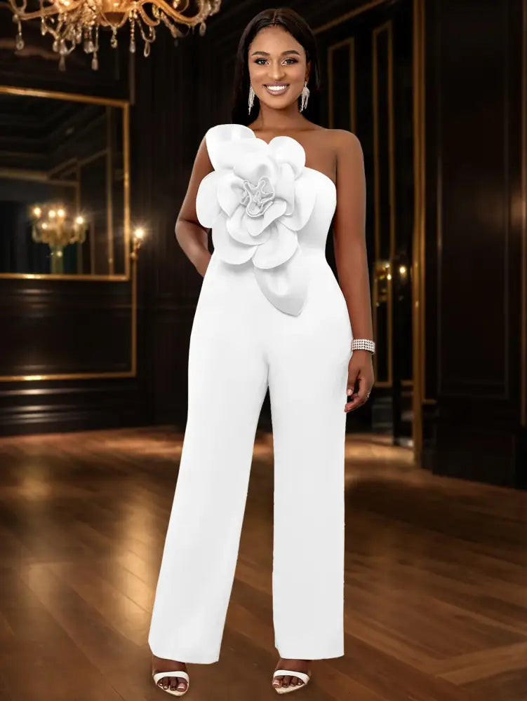 AOMEIDRESS One Shoulder Party Jumpsuit Big Flower Sexy Backless White / S
