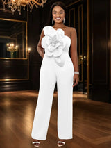 AOMEIDRESS One Shoulder Party Jumpsuit Big Flower Sexy Backless White / S