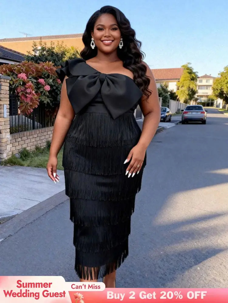 AOMEIDRESS One Shoulder Tassel Dresses Sexy Big Bow Ruffles Wedding Guest Occassion Black / S