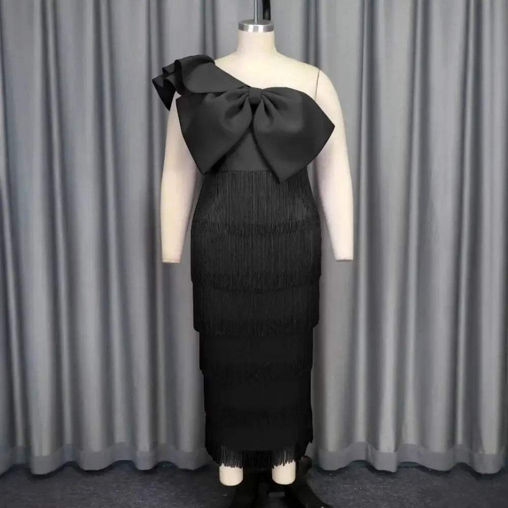 AOMEIDRESS One Shoulder Tassel Dresses Sexy Big Bow Ruffles Wedding Guest Occassion Black / S