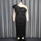 AOMEIDRESS One Shoulder Tassel Dresses Sexy Big Bow Ruffles Wedding Guest Occassion Black / S