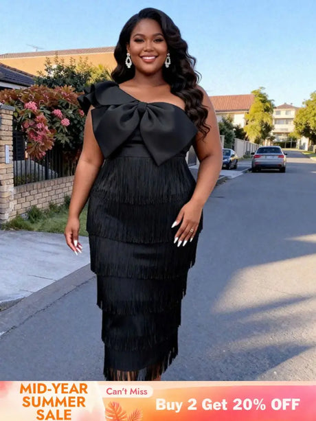 AOMEIDRESS One Shoulder Tassel Dresses Sexy Big Bow Ruffles Wedding Guest Occassion Black / S