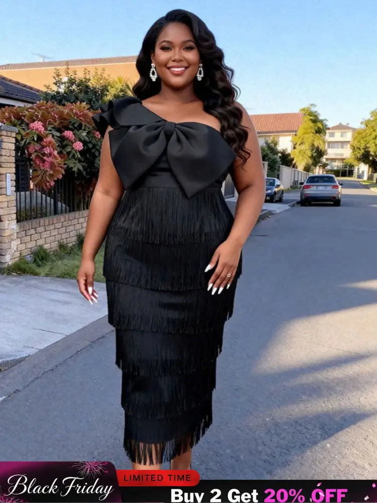 AOMEIDRESS One Shoulder Tassel Dresses Sexy Big Bow Ruffles Wedding Guest Occassion Black / S