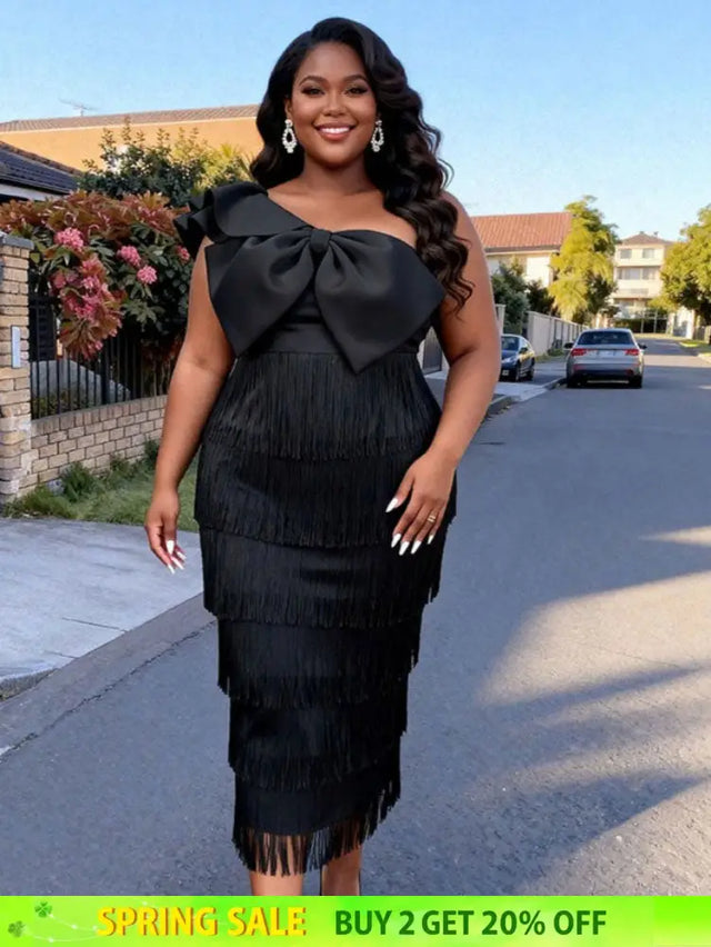 AOMEIDRESS One Shoulder Tassel Dresses Sexy Big Bow Ruffles Wedding Guest Occassion Black / S
