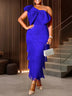 AOMEIDRESS One Shoulder Tassel Dresses Sexy Big Bow Ruffles Wedding Guest Occassion Blue / S