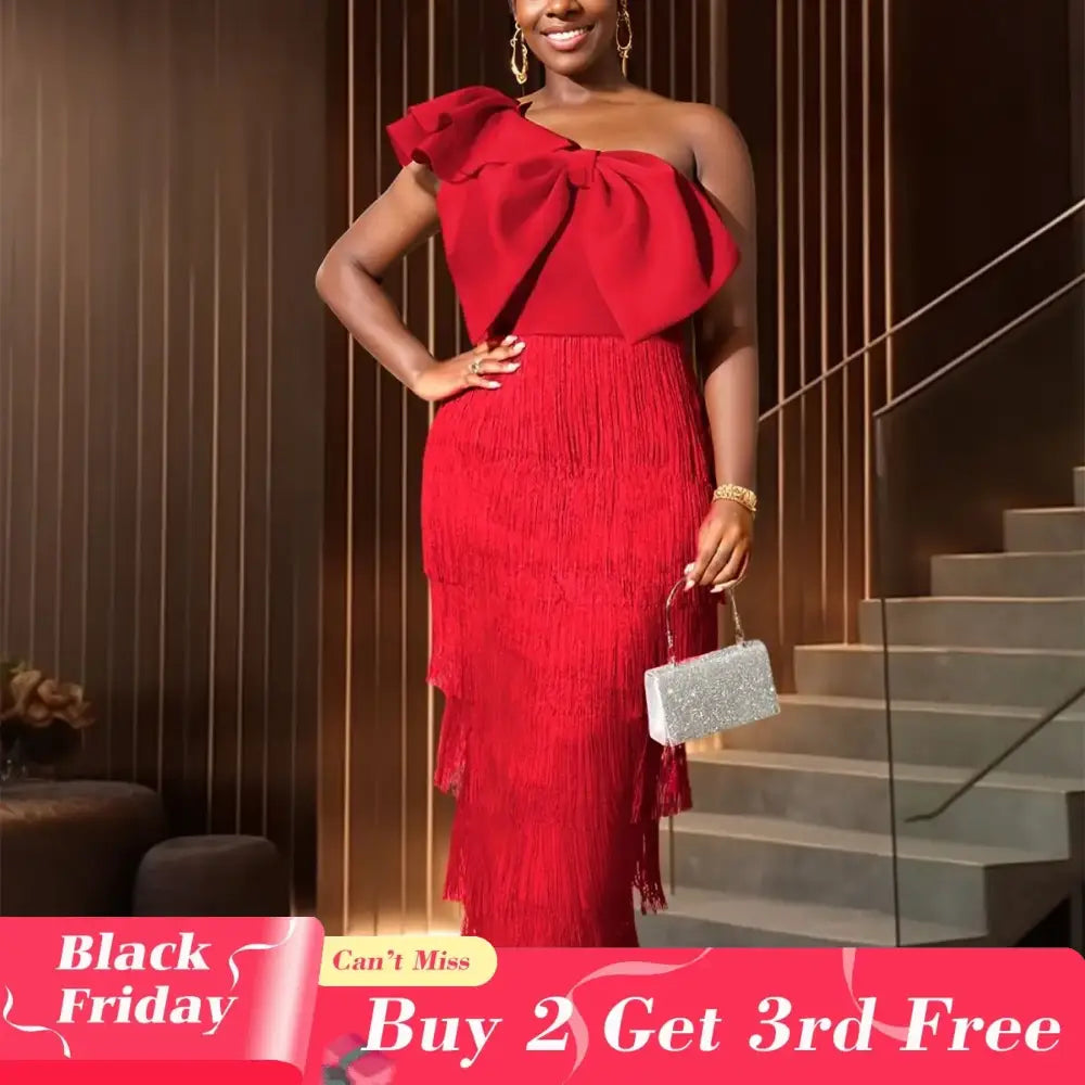AOMEIDRESS One Shoulder Tassel Dresses Sexy Big Bow Ruffles Wedding Guest Occassion Red / S