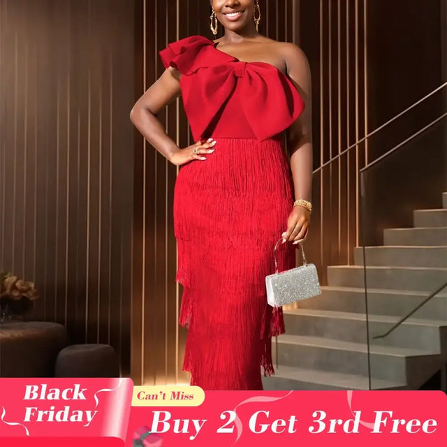 AOMEIDRESS One Shoulder Tassel Dresses Sexy Big Bow Ruffles Wedding Guest Occassion Red / S