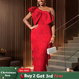 AOMEIDRESS One Shoulder Tassel Dresses Sexy Big Bow Ruffles Wedding Guest Occassion Red / S