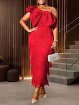 AOMEIDRESS One Shoulder Tassel Dresses Sexy Big Bow Ruffles Wedding Guest Occassion Red / S