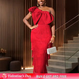 AOMEIDRESS One Shoulder Tassel Dresses Sexy Big Bow Ruffles Wedding Guest Occassion Red / S