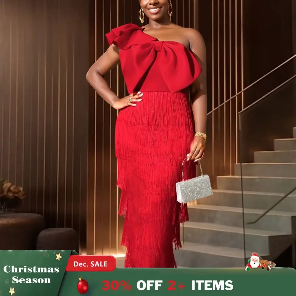 AOMEIDRESS One Shoulder Tassel Dresses Sexy Big Bow Ruffles Wedding Guest Occassion Red / S