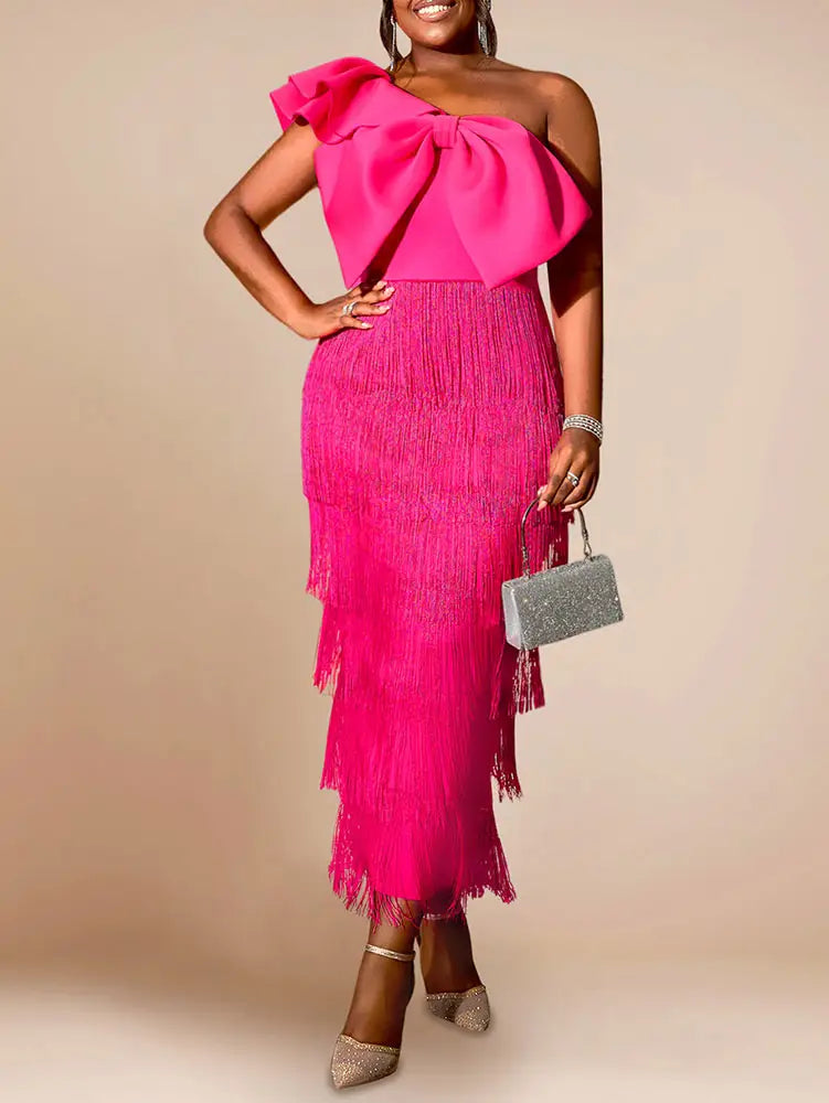 AOMEIDRESS One Shoulder Tassel Dresses Sexy Big Bow Ruffles Wedding Guest Occassion Rose / S