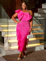 AOMEIDRESS One Shoulder Tassel Dresses Sexy Big Bow Ruffles Wedding Guest Occassion - Rose / S