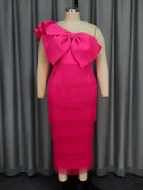 AOMEIDRESS One Shoulder Tassel Dresses Sexy Big Bow Ruffles Wedding Guest Occassion Rose / S