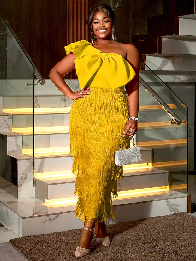 AOMEIDRESS One Shoulder Tassel Dresses Sexy Big Bow Ruffles Wedding Guest Occassion - Yellow / S