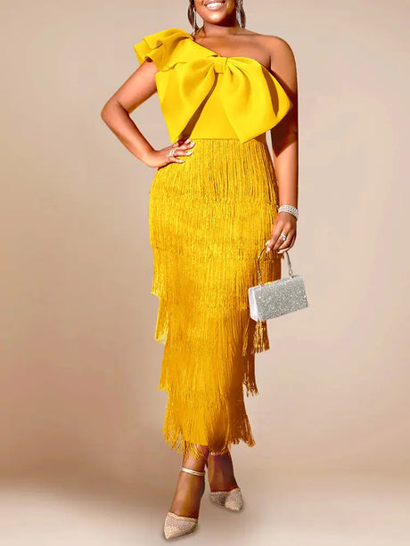 AOMEIDRESS One Shoulder Tassel Dresses Sexy Big Bow Ruffles Wedding Guest Occassion Yellow / S