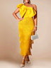 AOMEIDRESS One Shoulder Tassel Dresses Sexy Big Bow Ruffles Wedding Guest Occassion Yellow / S