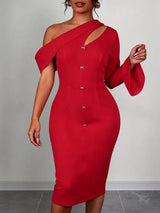 AOMEIDRESS One Sleeve Dress Asymmetric Neck Flare Sleeve Button Gowns - Red / S