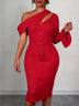 AOMEIDRESS One Sleeve Dress Asymmetric Neck Flare Sleeve Button Gowns - Red / S