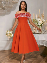 AOMEIDRESS Orange A Line Off Shoulder Dress Slash Neck 3D Ruffles