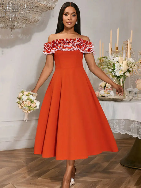 AOMEIDRESS Orange A Line Off Shoulder Dress Slash Neck 3D Ruffles