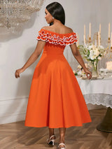 AOMEIDRESS Orange A Line Off Shoulder Dress Slash Neck 3D Ruffles