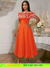 AOMEIDRESS Orange A Line Off Shoulder Dress Slash Neck 3D Ruffles Orange / S