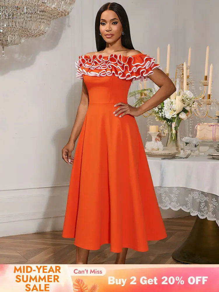 AOMEIDRESS Orange A Line Off Shoulder Dress Slash Neck 3D Ruffles Orange / S