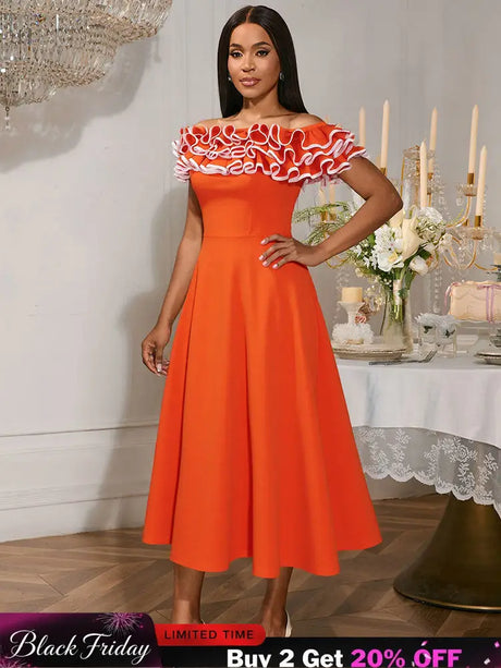 AOMEIDRESS Orange A Line Off Shoulder Dress Slash Neck 3D Ruffles Orange / S