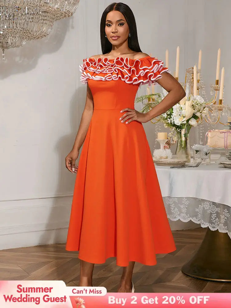 AOMEIDRESS Orange A Line Off Shoulder Dress Slash Neck 3D Ruffles Orange / S