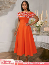 AOMEIDRESS Orange A Line Off Shoulder Dress Slash Neck 3D Ruffles Orange / S