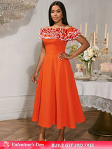AOMEIDRESS Orange A Line Off Shoulder Dress Slash Neck 3D Ruffles Orange / S
