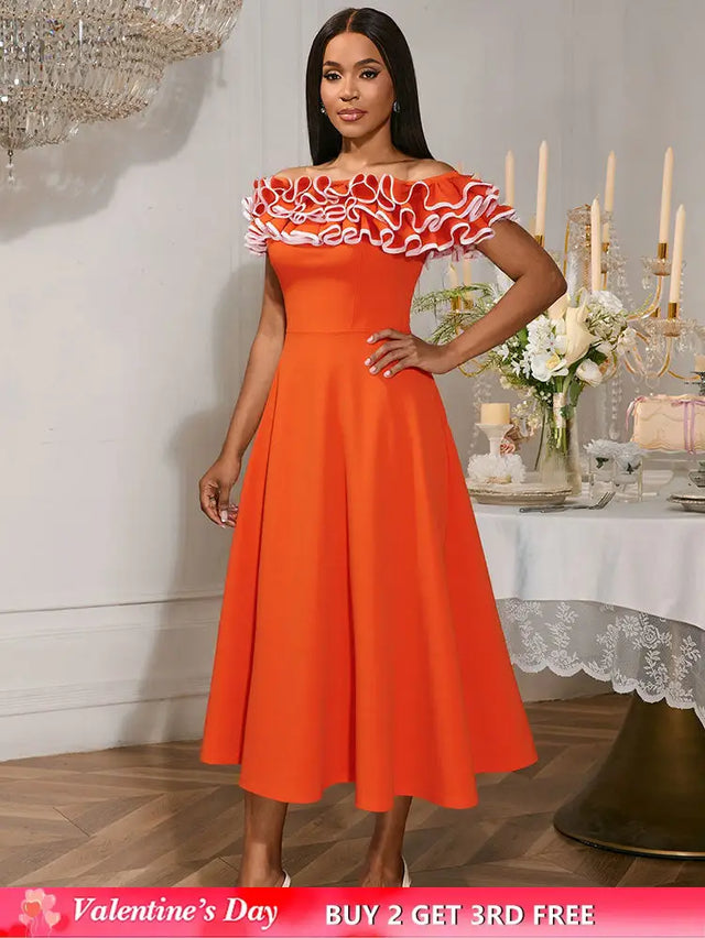 AOMEIDRESS Orange A Line Off Shoulder Dress Slash Neck 3D Ruffles Orange / S