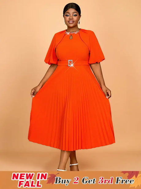 AOMEIDRESS Orange Mid Calf Dresses O Neck Half Puff Sleeves Wedding Guest Dress Orange / 0XL