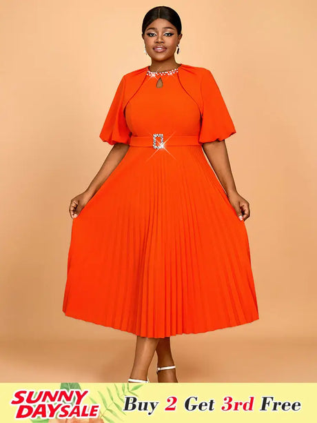 AOMEIDRESS Orange Mid Calf Dresses O Neck Half Puff Sleeves Wedding Guest Dress Orange / 0XL