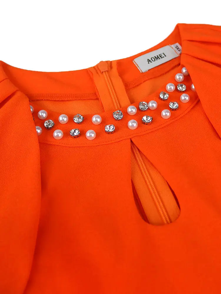 AOMEIDRESS Orange Mid Calf Dresses O Neck Half Puff Sleeves Wedding Guest Dress