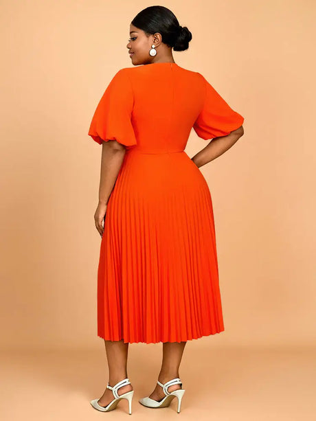 AOMEIDRESS Orange Mid Calf Dresses O Neck Half Puff Sleeves Wedding Guest Dress
