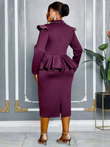 AOMEIDRESS Package Hip Dress with Rhinestone Collar Belt Peplum Hem