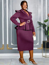 AOMEIDRESS Package Hip Dress with Rhinestone Collar Belt Peplum Hem