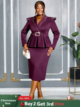 AOMEIDRESS Package Hip Dress with Rhinestone Collar Belt Peplum Hem Wine / L