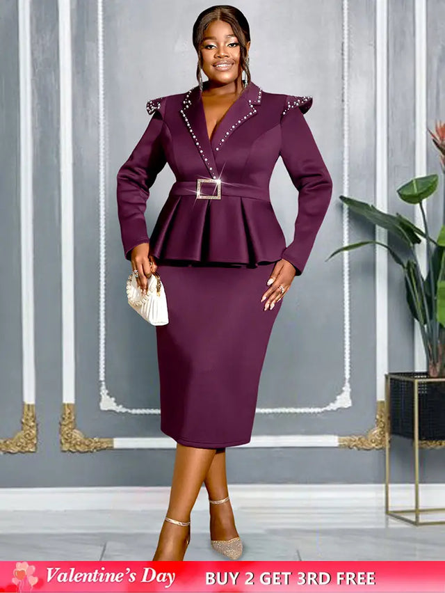 AOMEIDRESS Package Hip Dress with Rhinestone Collar Belt Peplum Hem Wine / L