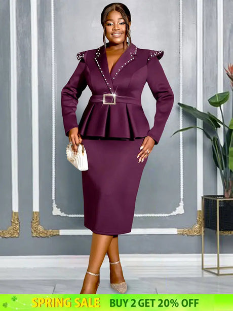 AOMEIDRESS Package Hip Dress with Rhinestone Collar Belt Peplum Hem Wine / L