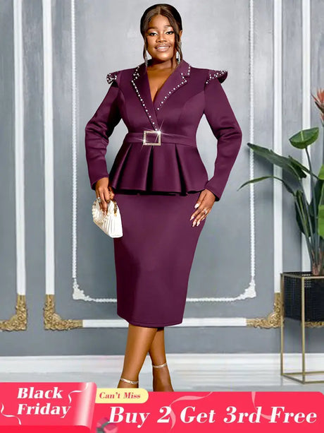 AOMEIDRESS Package Hip Dress with Rhinestone Collar Belt Peplum Hem Wine / L