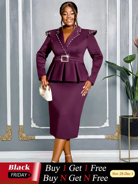 AOMEIDRESS Package Hip Dress with Rhinestone Collar Belt Peplum Hem Wine / L