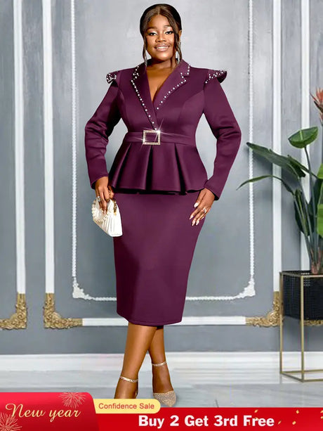 AOMEIDRESS Package Hip Dress with Rhinestone Collar Belt Peplum Hem Wine / L