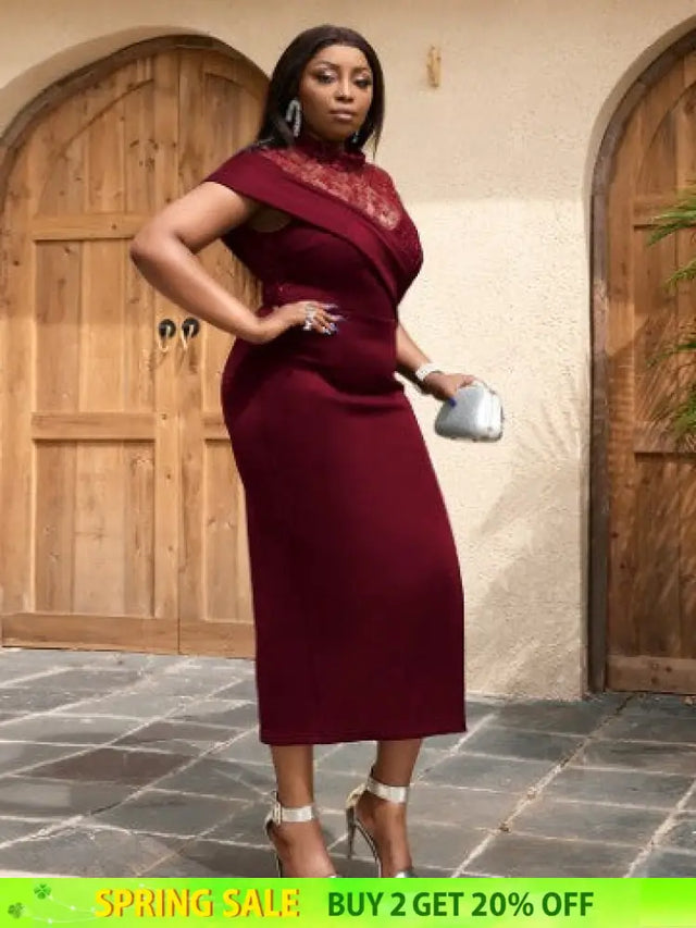 AOMEIDRESS Party Dress Lace Patchwork Bodycon Church Event Wine / S