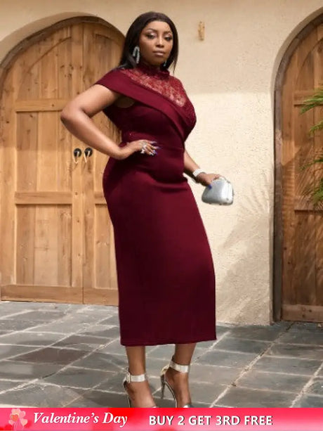 AOMEIDRESS Party Dress Lace Patchwork Bodycon Church Event Wine / S