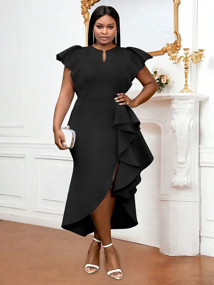 AOMEIDRESS Party Dresses High Slit Ruffles Cap Sleeves Wedding Guest Party Birthday Gowns Black / S