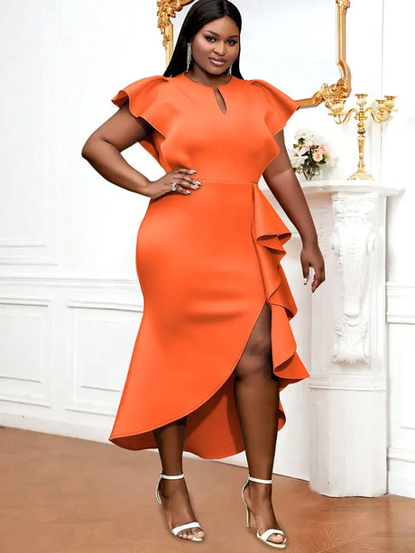 AOMEIDRESS Party Dresses High Slit Ruffles Cap Sleeves Wedding Guest Party Birthday Gowns Orange / S