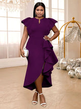 AOMEIDRESS Party Dresses High Slit Ruffles Cap Sleeves Wedding Guest Party Birthday Gowns Purple / S